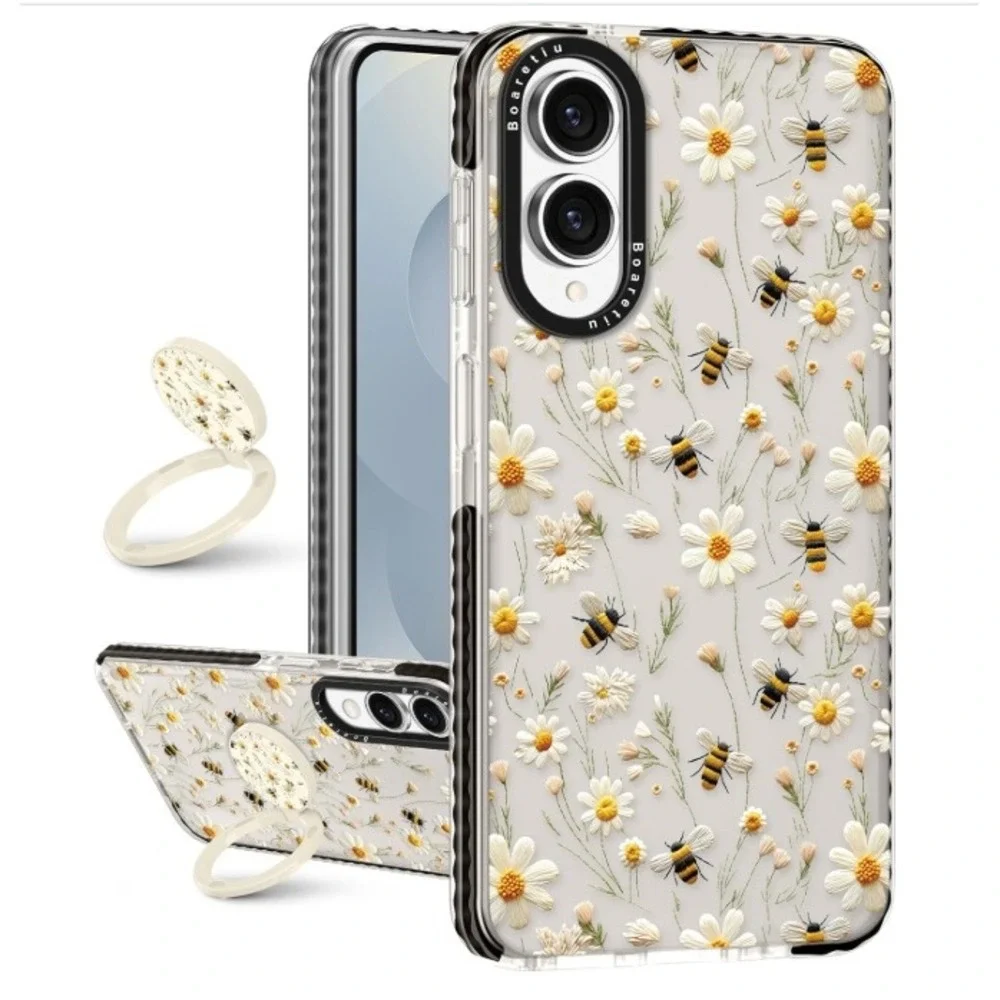 Boaretiu Phone Case Samsung S25 Edge Womens Clear Daisy Bee‎ Ring Stand